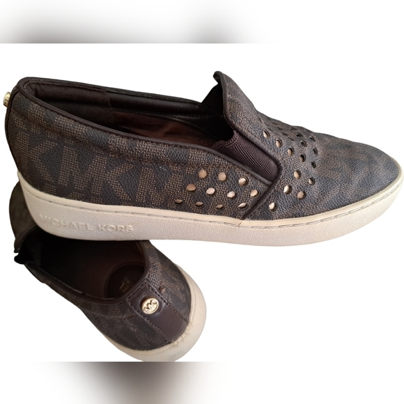 MK Michael KORS Keaton loafer shoes flats slip on laser cut out brown gold 6.5 - Picture 4 of 10